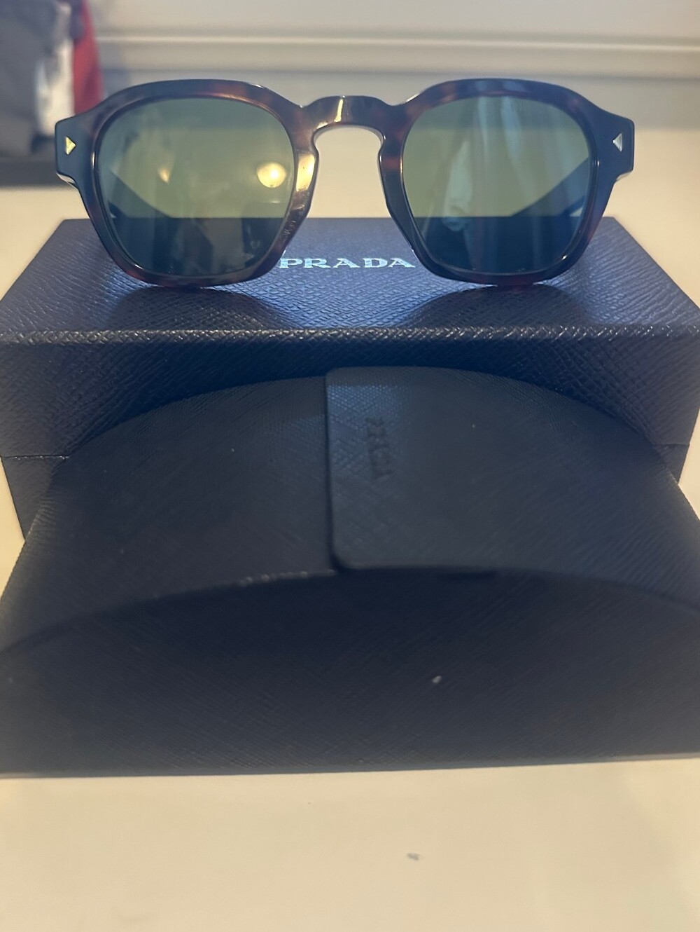 Prada SPR A16 Radica Tortoise Green Sunglasses MINT Full Set Box & Case